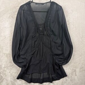 LAMB Tunic Top Sz S Black Semi Sheer Cape Sleeve Crochet Detail Mini Dress Boho